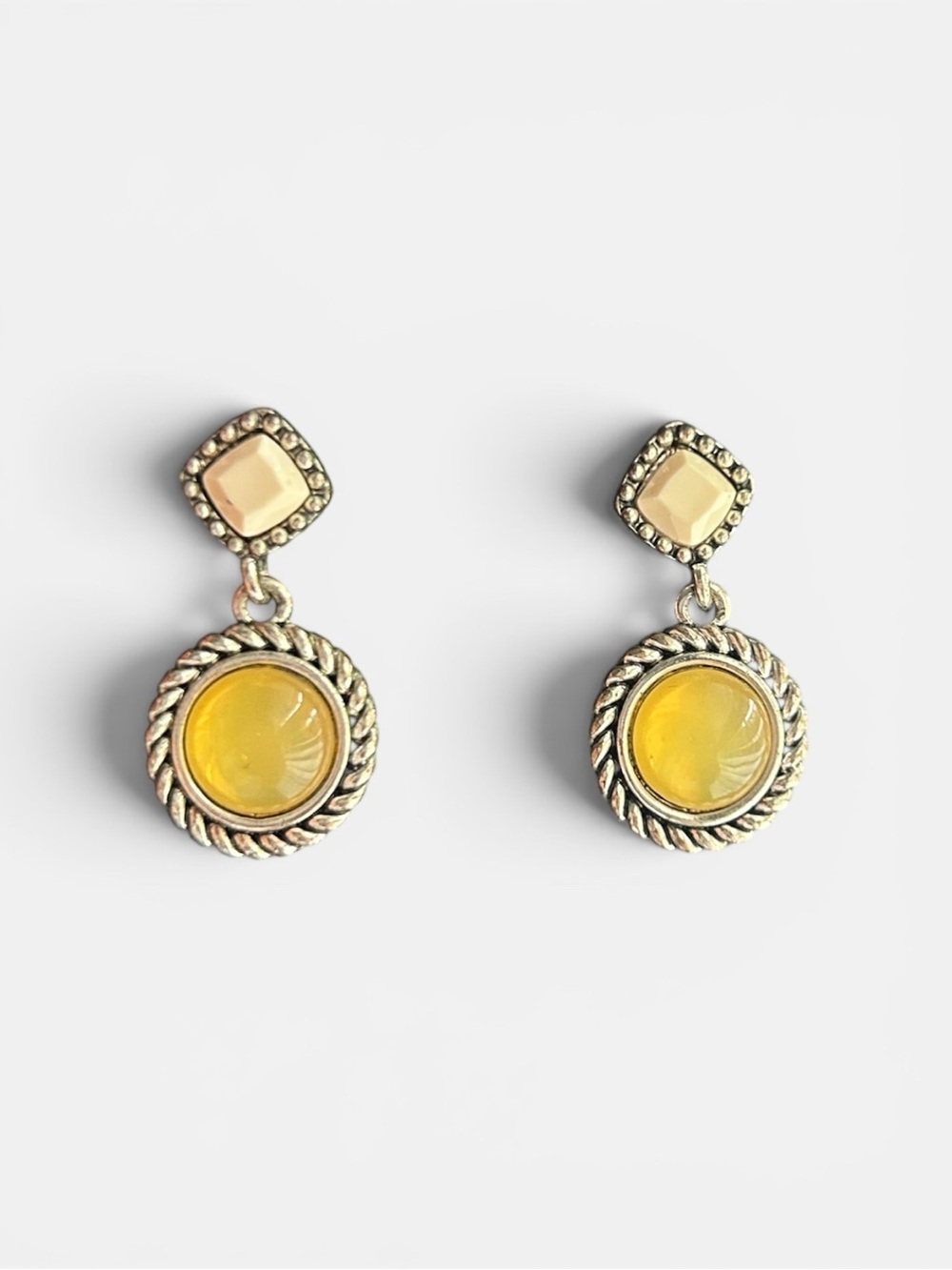 Yellow Cabochon Drop Earrings with Rope-Edge Detail